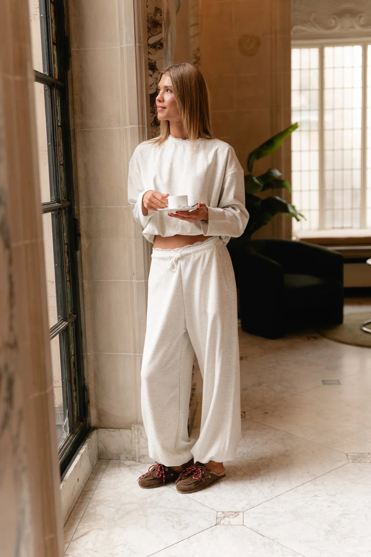 EVERLY LACE TRIMMED SWEATPANTS LIGHT GREY MELANGE